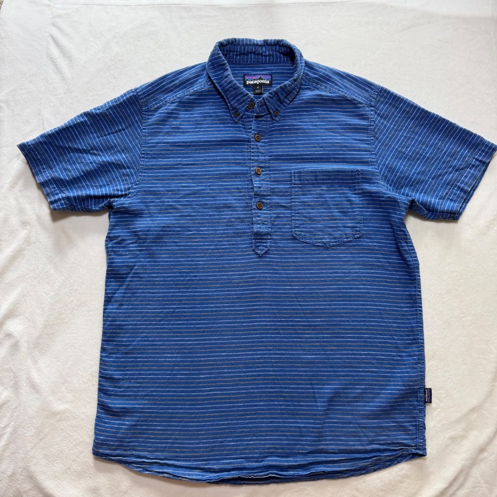 Patagonia Button Shirt Mens Medium Blue Striped Short Sleeve Button Down Collar